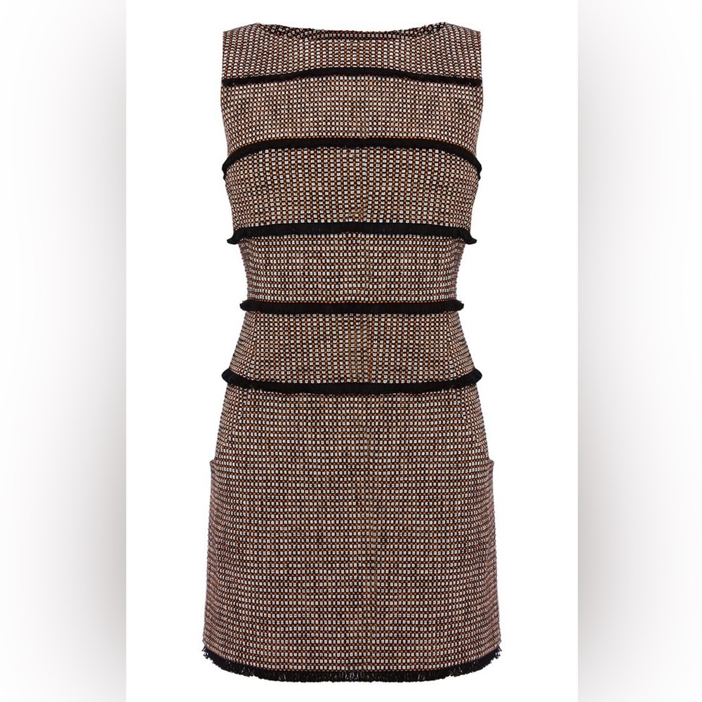 Karen Millen Brown Beige Tweed Dress with Black Contrast Trim